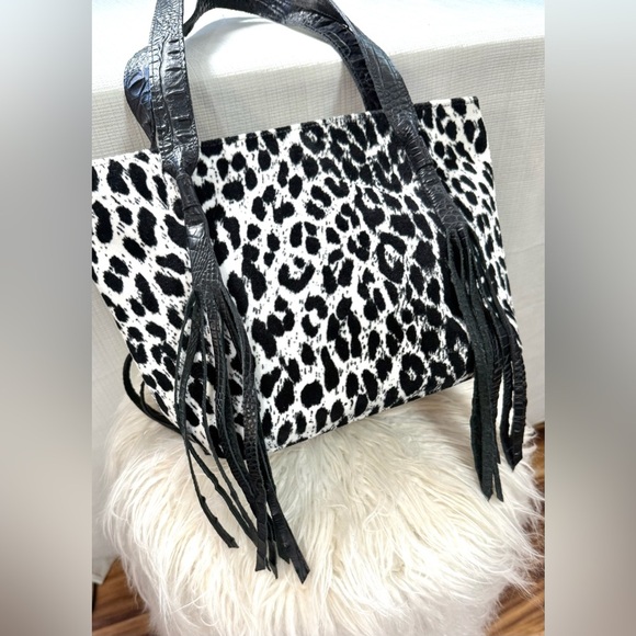 Raviani Black and White Leopard Print Bag with Black Fringe Tassels - Picture 3 of 9